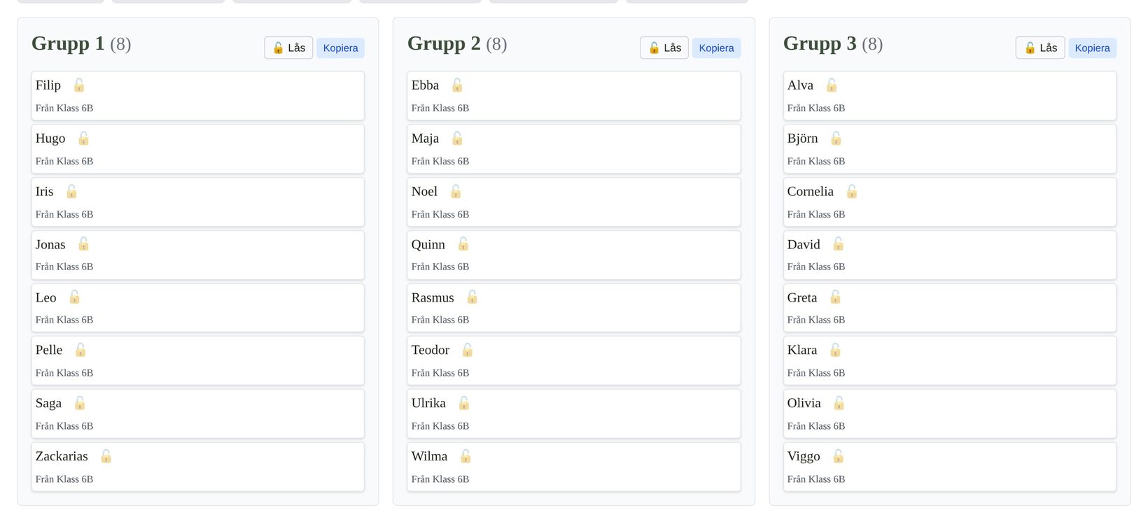 Gruppindelning i Klassplacering.se: tre grupper med åtta elever i varje, alla från Klass 6B, med lås- och kopieraknappar per grupp.